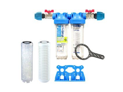 Filter Set Senior 10" DUO. Complete 3/4" Connection. For Dirt, Limescale and Demineralisation (HA 10SX TS with Polyphosphate Balls). Atlas Filtri