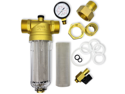 Mechanický filter 3/4" na mechanické nečistoty 50 mcr, potrubný s manometrom a odkalovacím ventilom