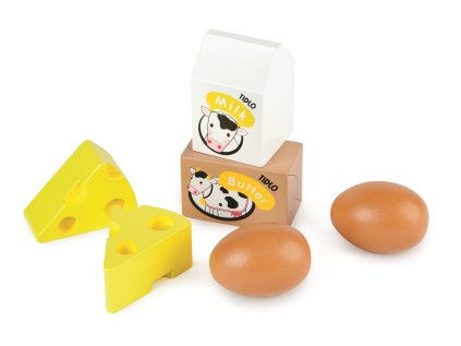 Tidlo Drevená debnička s mliečnymi výrobkami a vajcami