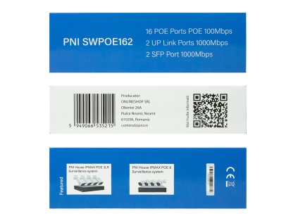 Switch POE PNI SWPOE162, 16 portov POE 100 Mbps, 2 porty UP Link 1000 Mbps, 1 port SFP 1000 Mbps, 240W, funkcia AI Extend do 250m, ochrana pred bleskom 4kV