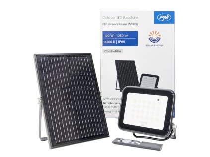 PNI GreenHouse WS100 100W LED reflektor so solárnym panelom, 10000mAh batéria, diaľkové ovládanie, nastaviteľné časovanie a jas, 6500 K, IP65