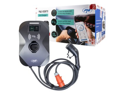 Nabíjacia stanica PNI KW11 16A, 11 kW, pre elektromobily, 85 V - 415 V, trojfázová, 7-pinový kábel typu 2, 3,5-palcový displej, s Bluetooth, ovládanie pomocou aplikácie, aktivácia nabíjania pomocou ap