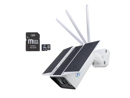 Balík video monitorovacej kamery PNI SafeHome PT950LR, 1080P, 2MP, so 6W solárnym panelom a pamäťovou kartou MicroSD PNI 32GB súčasťou balenia