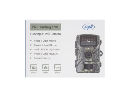 Poľovnícka kamera PNI 170C, 16MP fotografia, 4K video, PIR 15m, farebná obrazovka, IP66, slot na kartu Micro SD, FOV 120°, 38 LED diód