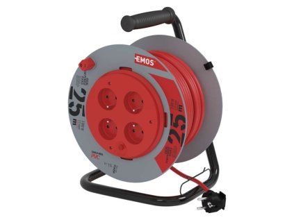 Predlžovací kábel na bubne 25 m / pevný stred / 4 zásuvky / červený / PVC / 230 V / 1,5mm2