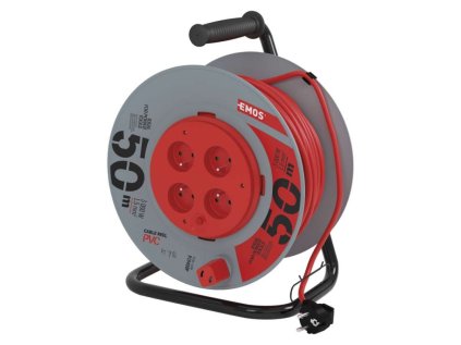 Predlžovací kábel na bubne 50 m / pevný stred / 4 zásuvky / červený / PVC / 230 V / 1,5mm2