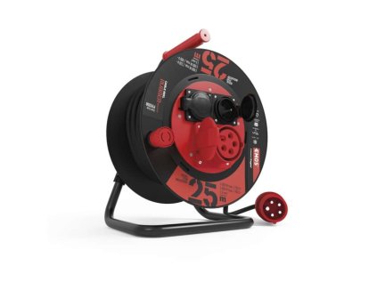 Vonkajší predlžovací kábel na bubne 25 m / 3 zásuvky / čierny / guma / 230V/400V / 1,5 mm2
