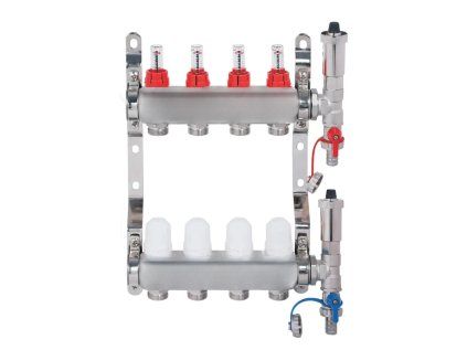 Nerezový rozdeľovač hranatý - 4 - cestný - prietokomery, termostat. ventily, automat. odvzd. ventily, pripojenie 1" závit