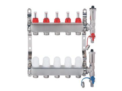 Nerezový rozdeľovač hranatý - 5 - cestný - prietokomery, termostat. ventily, automat. odvzd. ventily, pripojenie 1" závit