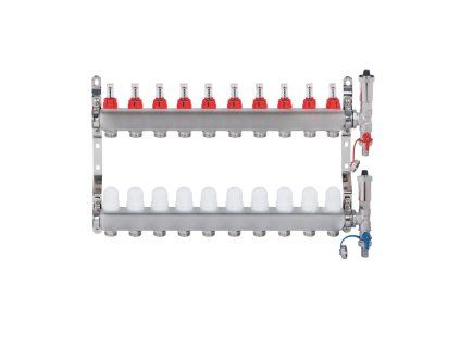 Nerezový rozdeľovač hranatý - 10 - cestný- prietokomery, termostat. ventily, automat. odvzd. ventily, pripojenie 1" závit
