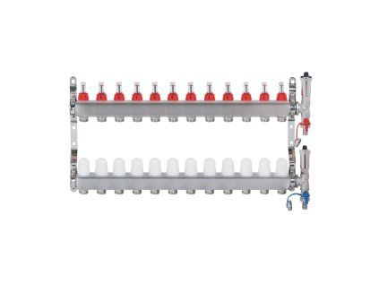 Nerezový rozdeľovač hranatý - 12 - cestný- prietokomery, termostat. ventily, automat. odvzd. ventily, pripojenie 1" závit