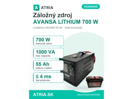 Záložný zdroj AVANSA LITHIUM 700 W + batéria AKUMA 55 Ah – produktová karta