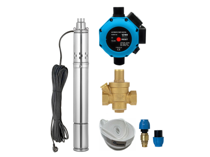 Automatic Home Water Pump Station with SQOLA-0.75 Submersible Pump and PC-16 + Pressure Reducing Valve, 3" Stainless Steel Screw Pump for Wells, for Irrigation