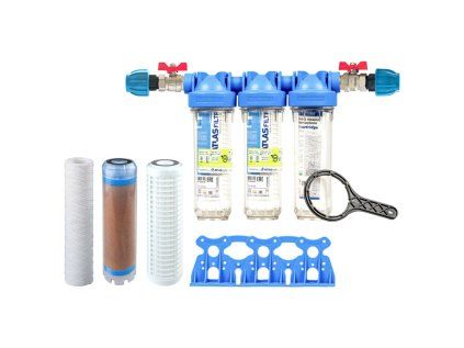 Senior 10" TRIO filter set. Complete 3/4" connection. Filtration of impurities, iron and manganese reduction (FE 10" SX) Atlas Filtri for household water treatment